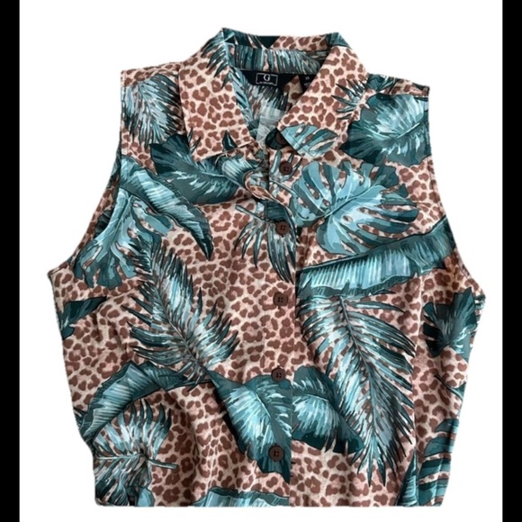 ✨NWT G By Guliana Tropical cheetah Green Sleeveless Dress button down tie waist - Picture 3 of 6
